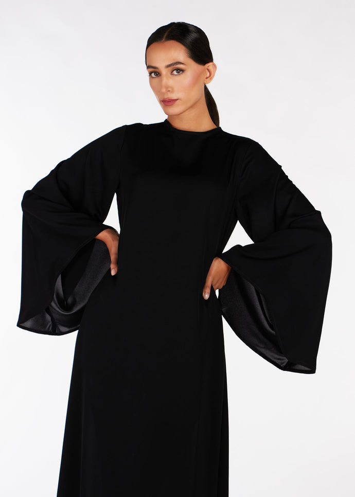 Flared Sleeve Maxi Black Satin