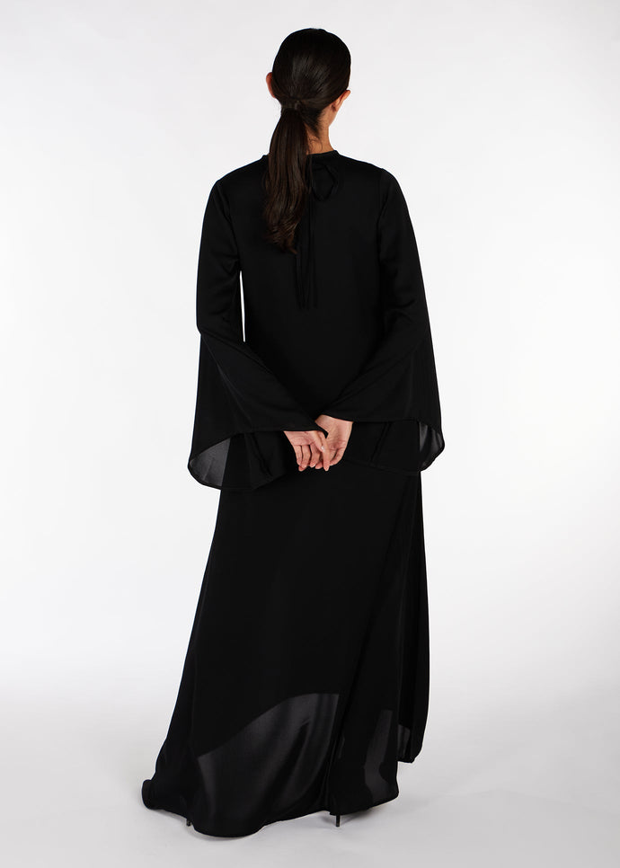 Flared Sleeve Maxi Black Satin