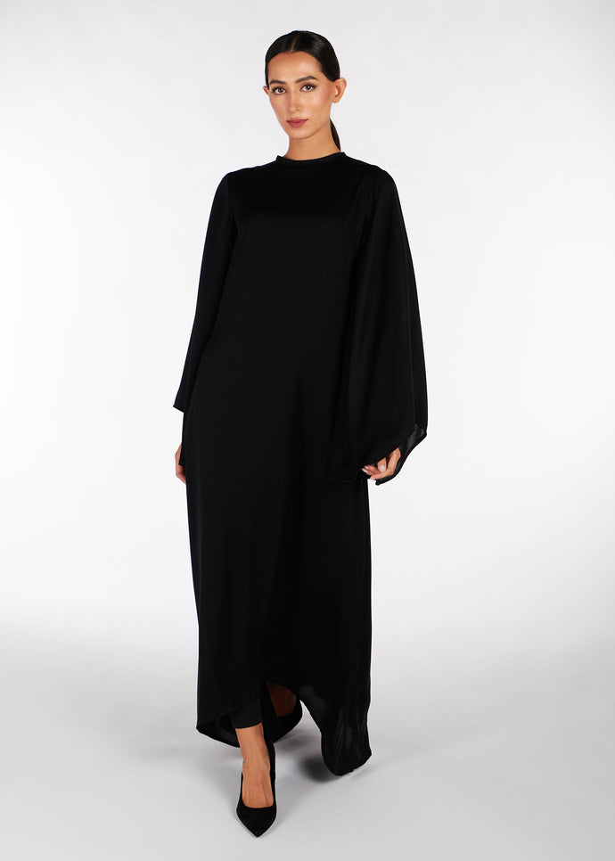 Flared Sleeve Maxi Black Satin