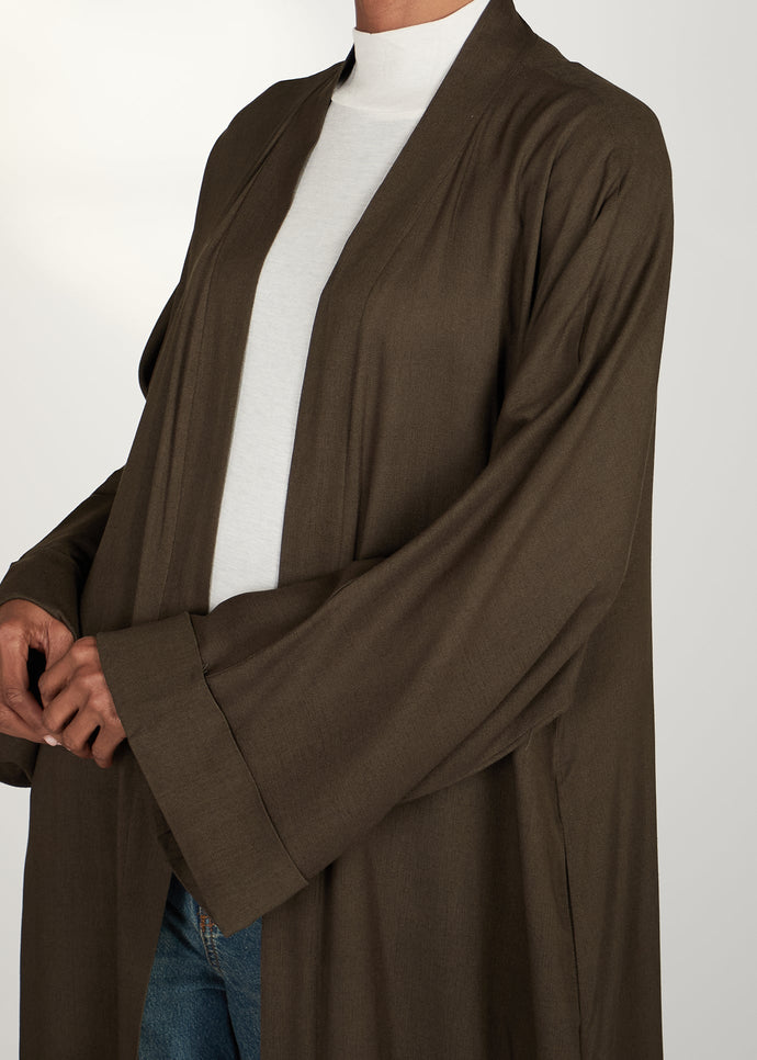 Linen Open Abaya Khaki | Abayas | Aab Modest Wear