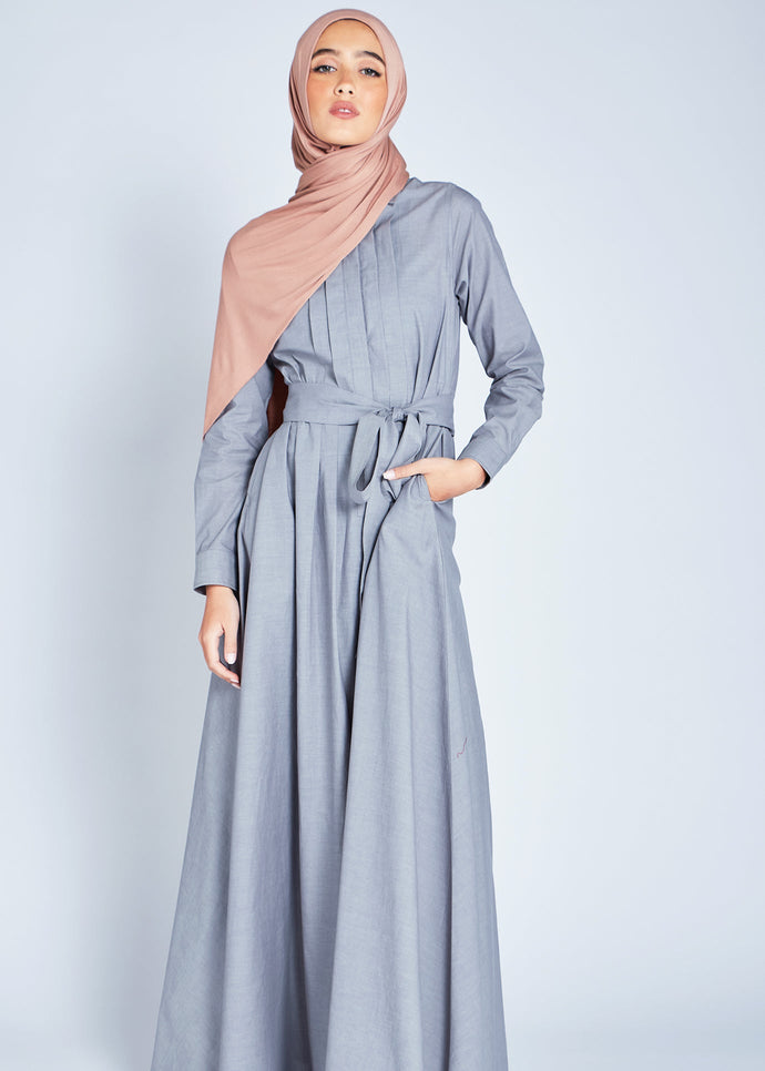 Pleat Neck Chambray Maxi | Maxi Dresses | Aab Modest Wear