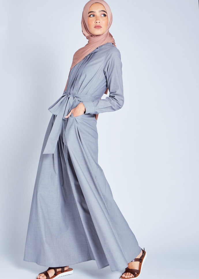 Pleat Neck Chambray Maxi | Maxi Dresses | Aab Modest Wear